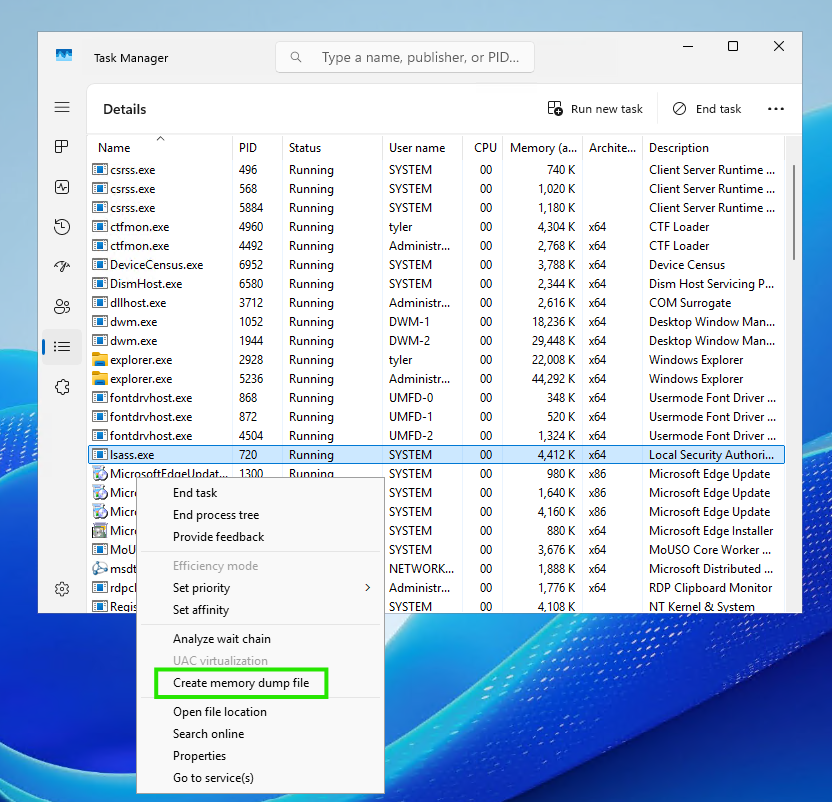 Task Manager with lsass.exe selected and the Create memory dump file option