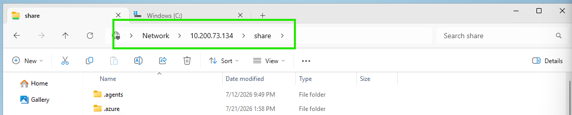 File Explorer on the target connecting to the attacker SMB share