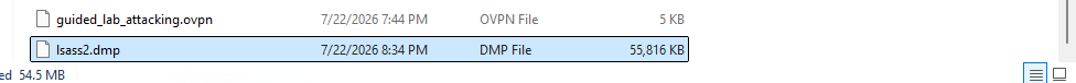 The lsass dump file copied into the SMB share