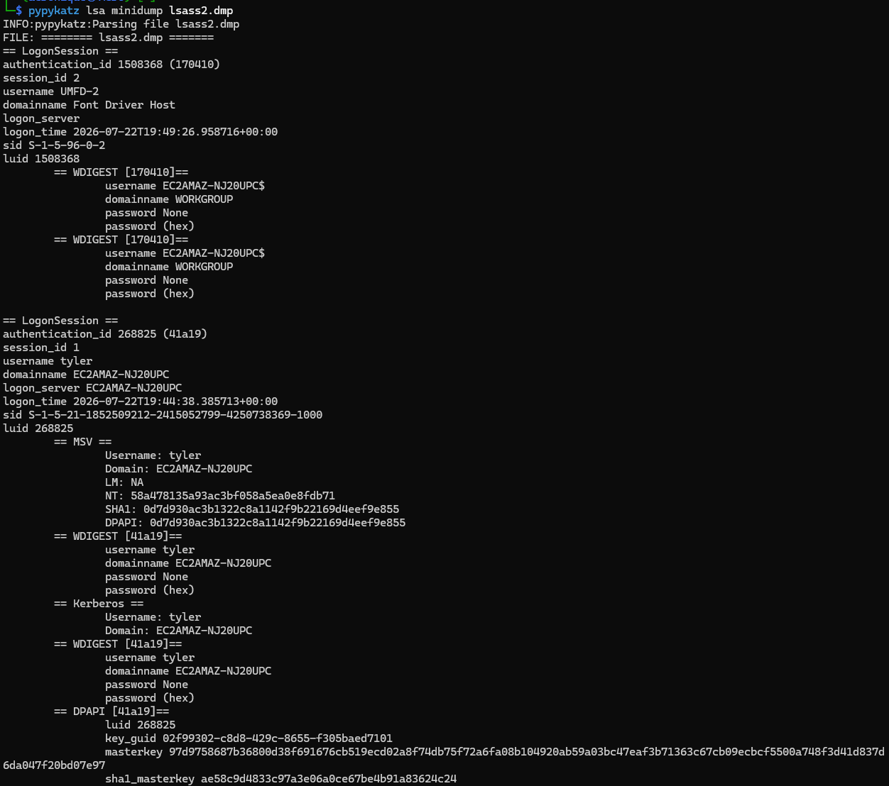 pypykatz parsing the minidump and listing logon sessions