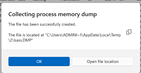 Confirmation dialog showing the path to the created lsass dump file