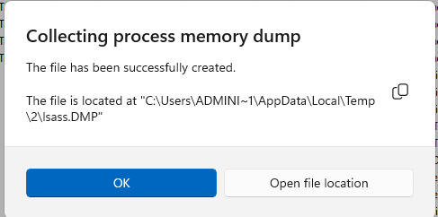 File Explorer showing the lsass.DMP file in the Temp directory