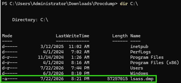 dir C:\ showing lsass.dmp in the root directory
