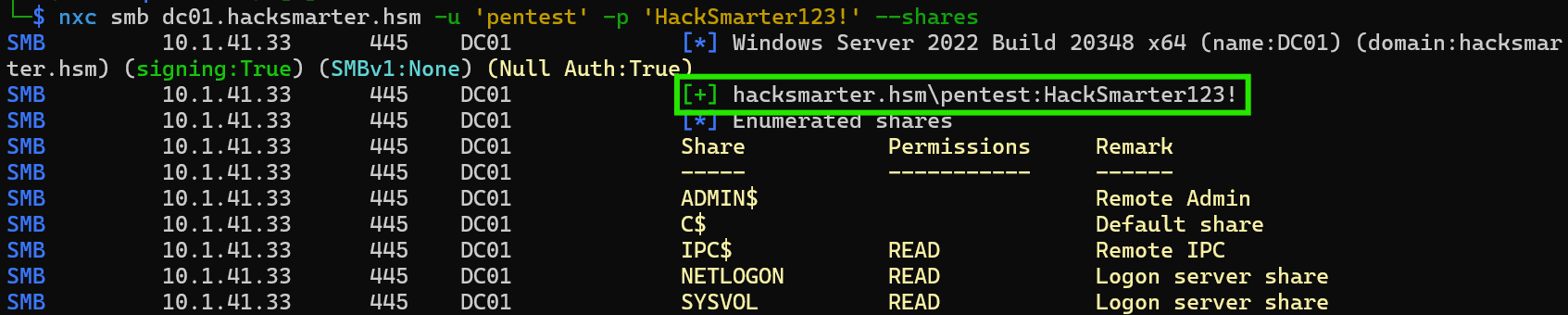NetExec confirming the pentest credentials are valid over SMB