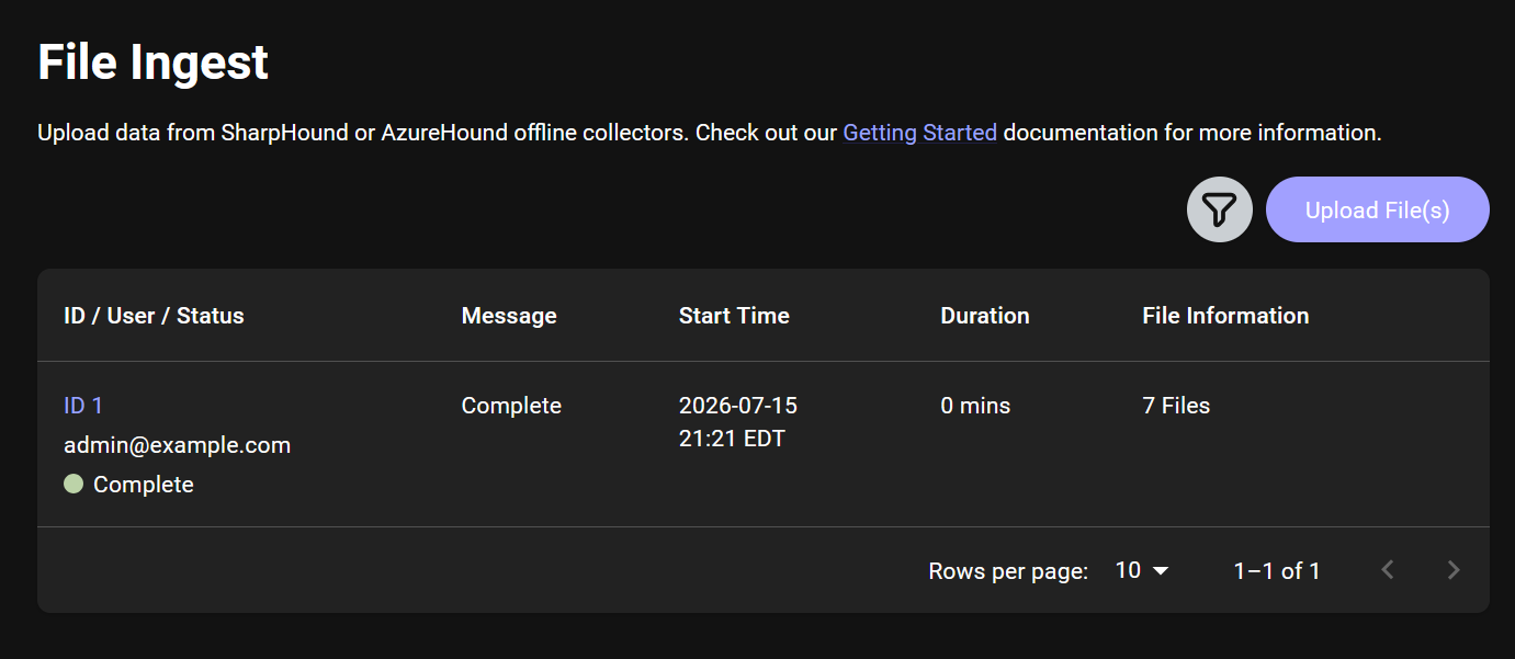 Uploading the collected JSON files through Administration then File Ingest