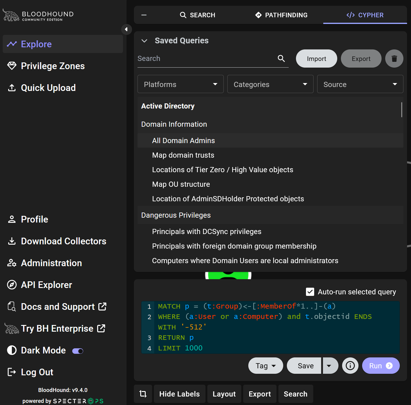 The built-in Cypher queries under Explore then Cypher