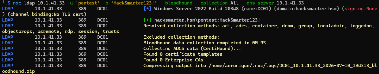 NetExec running BloodHound collection over LDAP