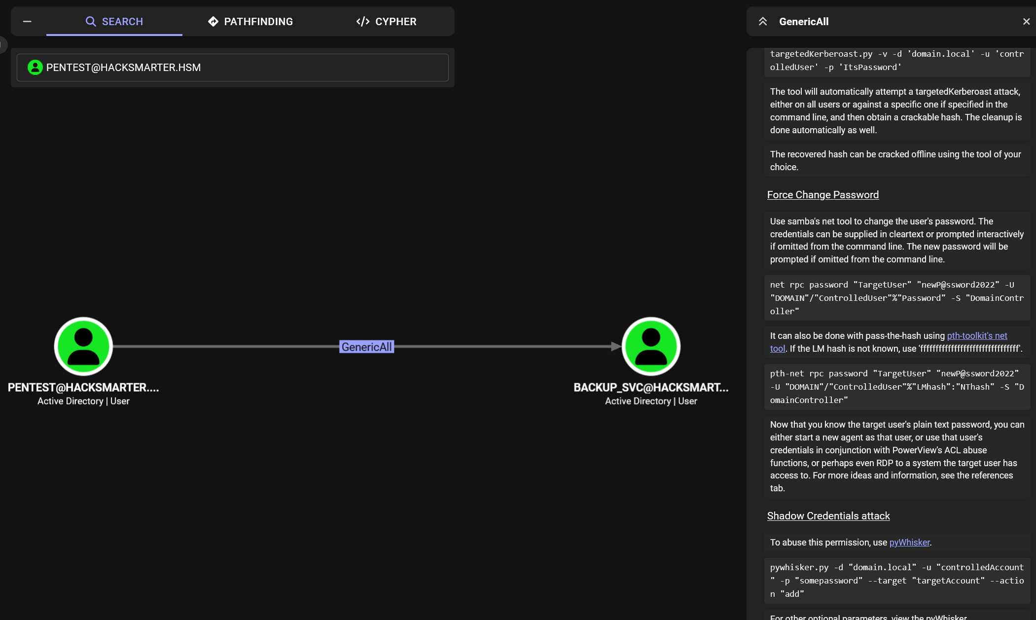 The pentest user's Outbound Object Control over the backup_svc account
