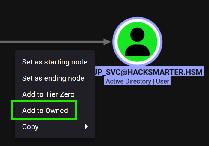 Marking backup_svc as Owned in BloodHound