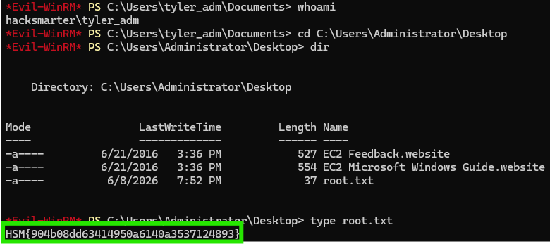 Reading root.txt from the administrator desktop