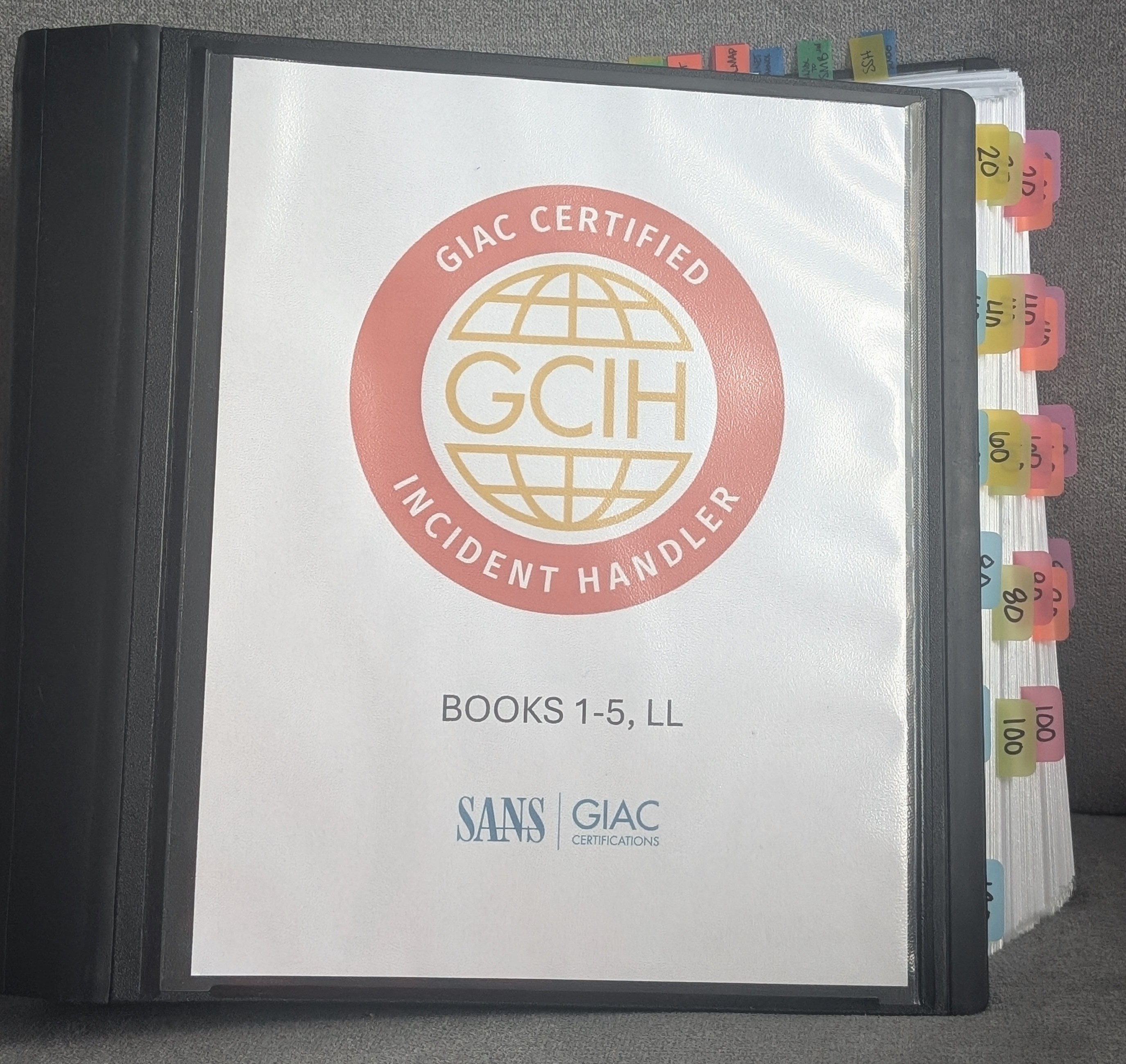 GCIH binder labeled Books 1-5 LL with alternating colored tabs every 20 pages visible along the right edge