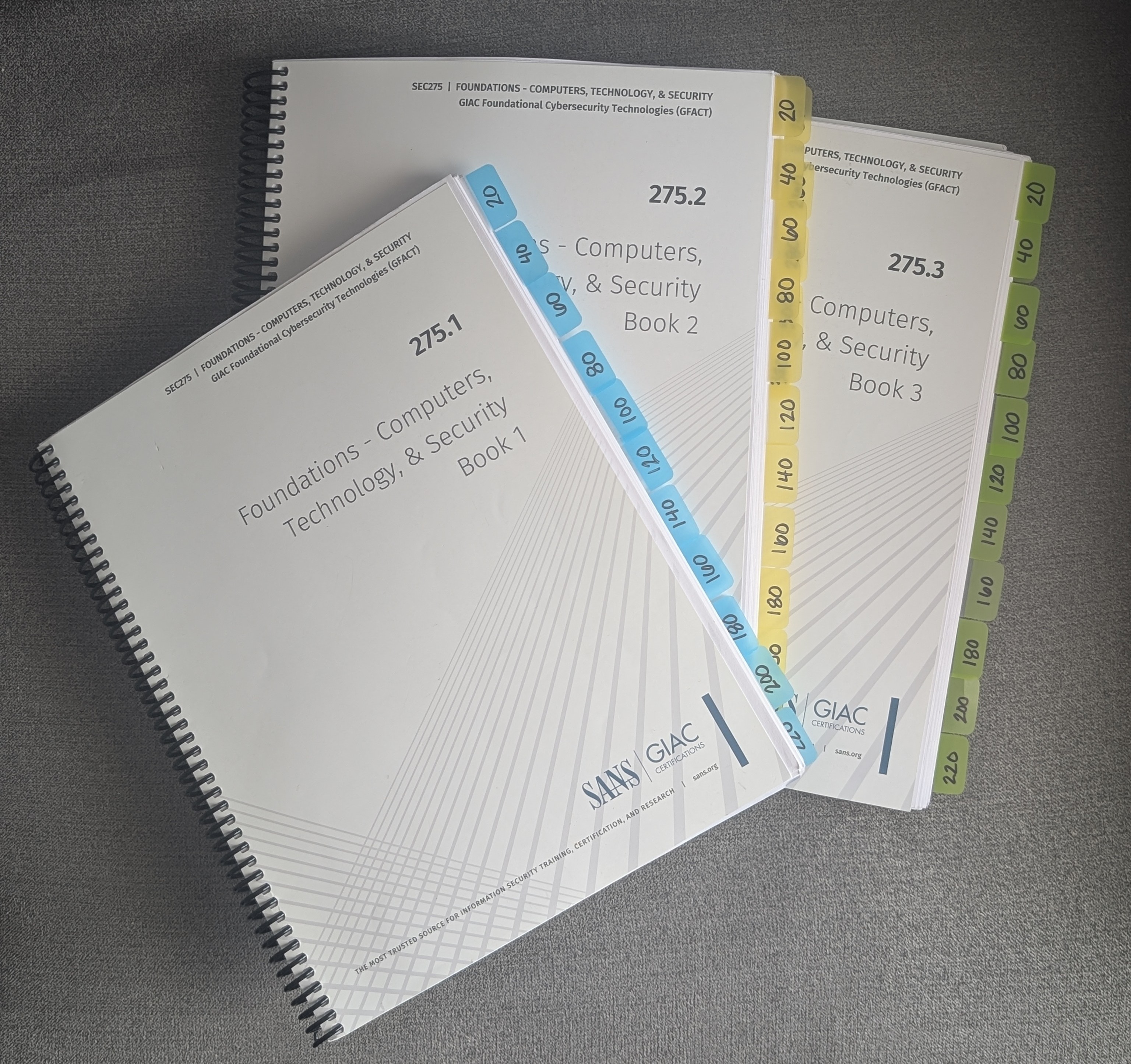 GFACT books 275.1, 275.2, and 275.3 fanned out with color-coded tabs every 20 pages, no binders