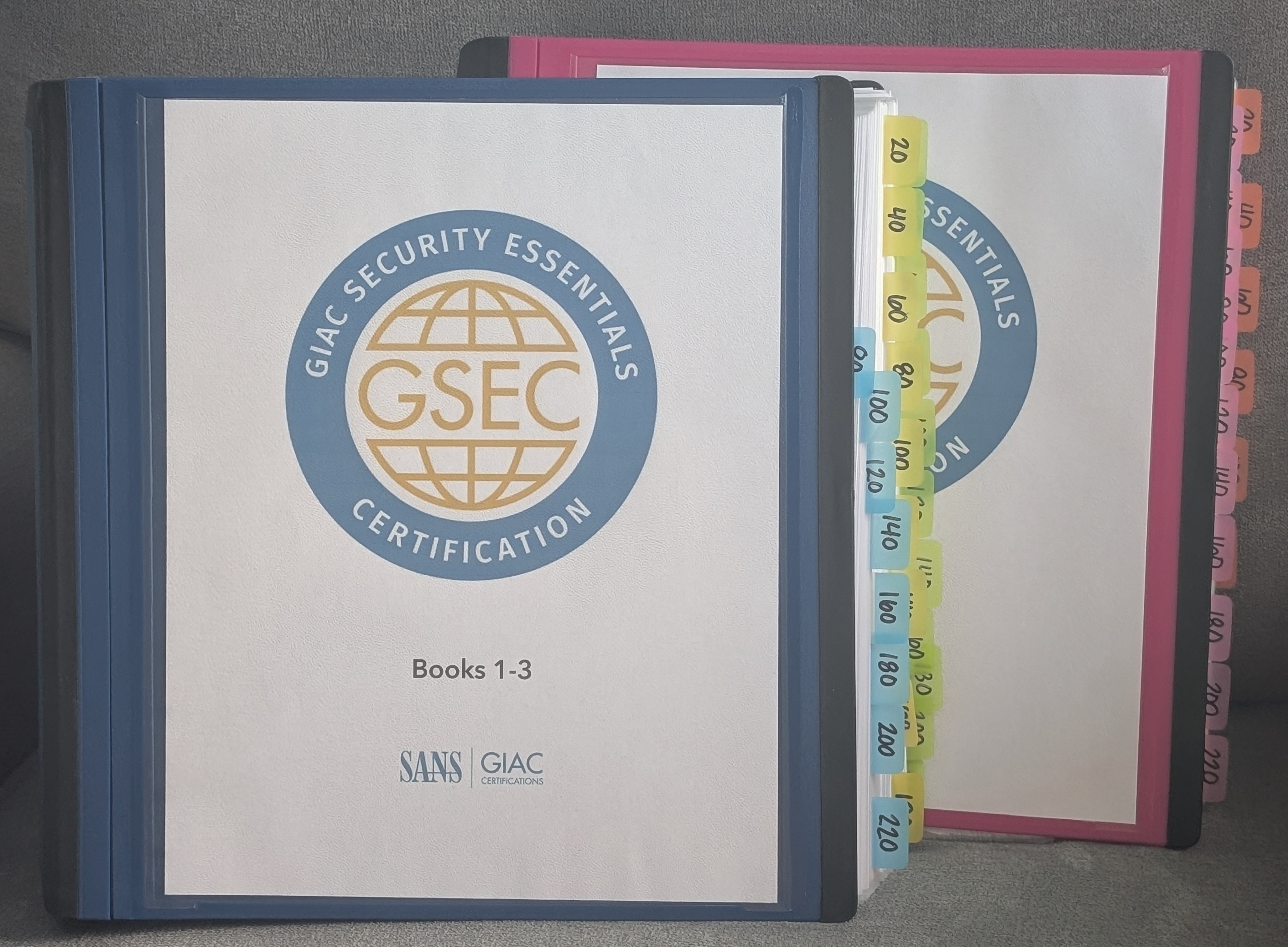 Two GSEC binders side by side, one labeled Books 1-3 with blue and yellow colored tabs, the other showing the dense tab stack from the side