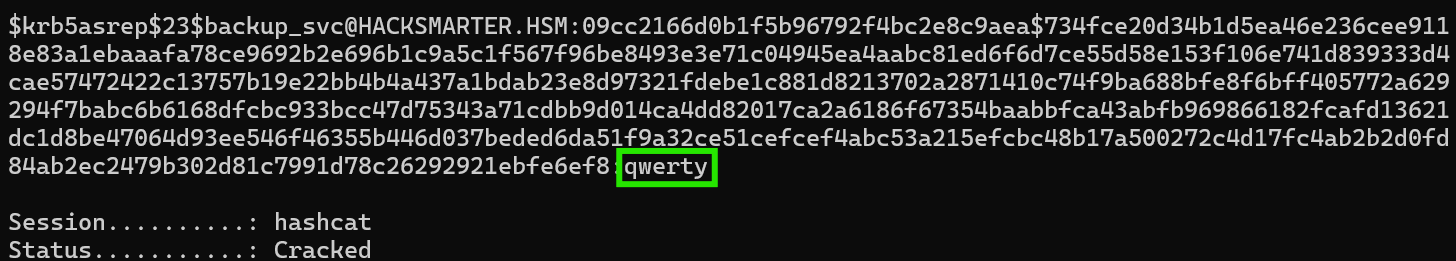 Hashcat cracking the backup_svc AS-REP hash to reveal the password qwerty