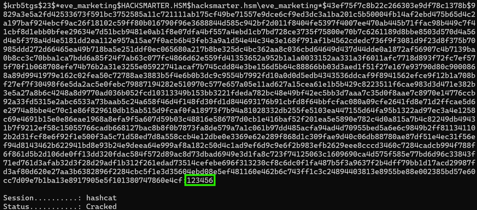 Hashcat cracking the eve_marketing ticket to reveal the password 123456
