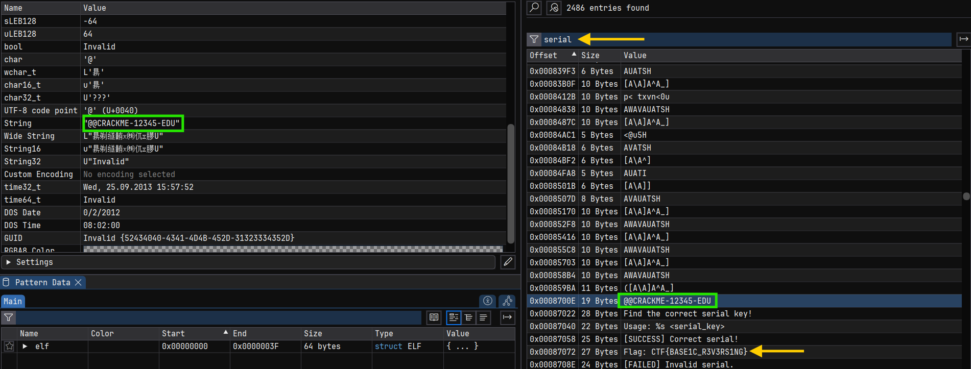 ImHex strings view showing the serial at offset 0x8700E alongside the user-facing messages