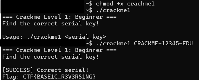 Terminal showing the binary accepting CRACKME-12345-EDU and printing the flag