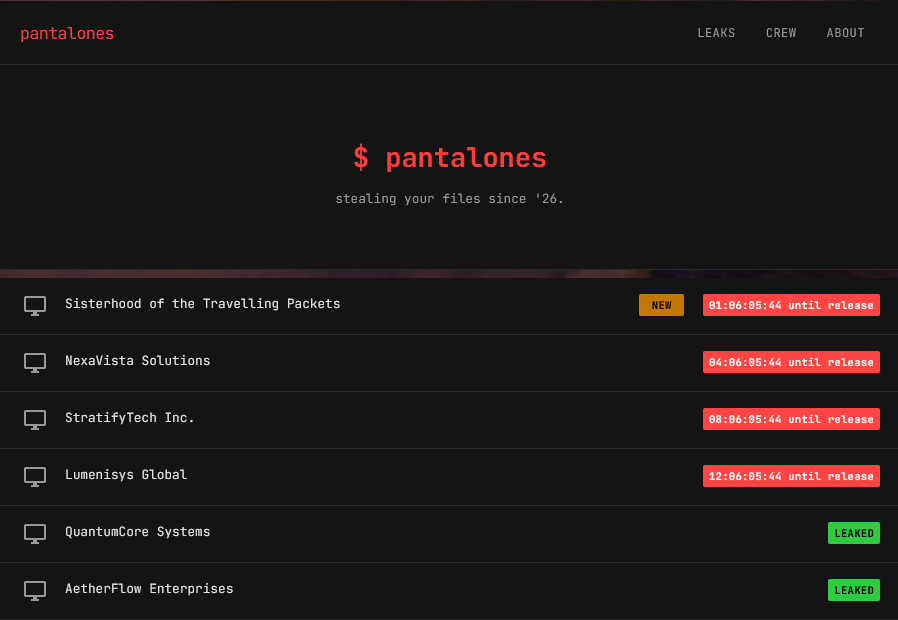 The pantalones leak site landing page listing six victims, two leaked and four on release countdowns