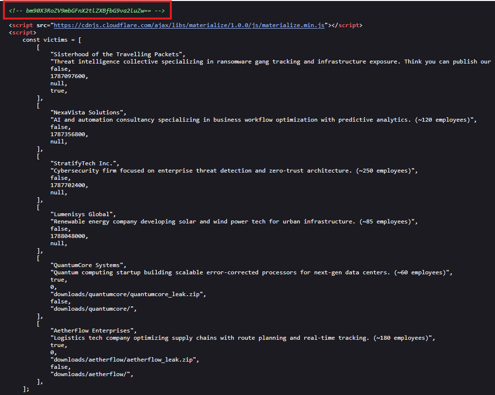 Page source showing a base64 HTML comment sitting above the victim data array