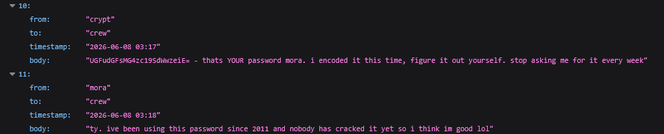 The crew chat log showing crypt sending mora her base64 password